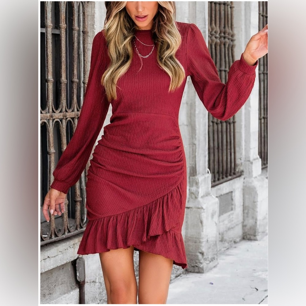 NWT-Prettygardens Women's Long-Sleeve Smocked Ruffled Bodycon Mini Dress